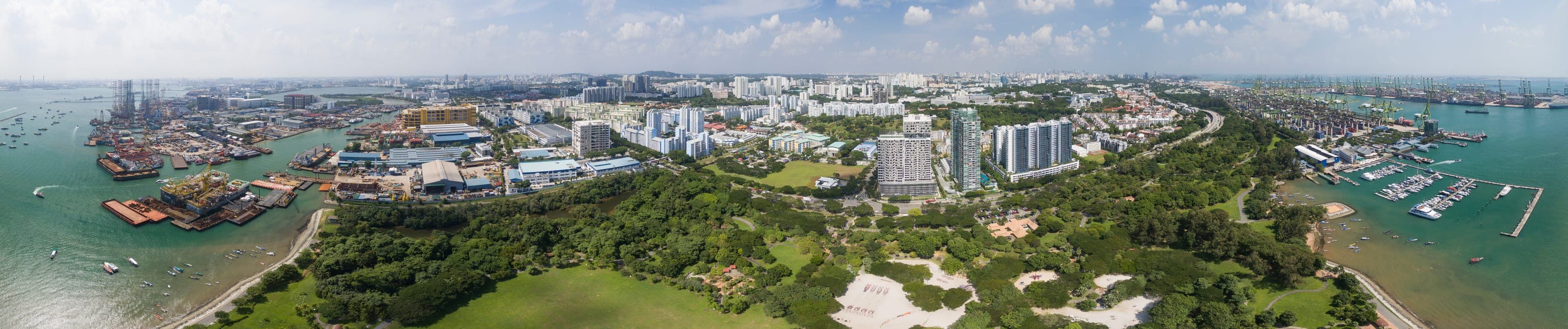 Aerial panorama of West Coast Park and the coastline